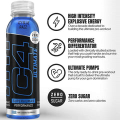 Close-up of C4 Ultimate non-carbonated bottle label highlighting zero sugar and zero calories.