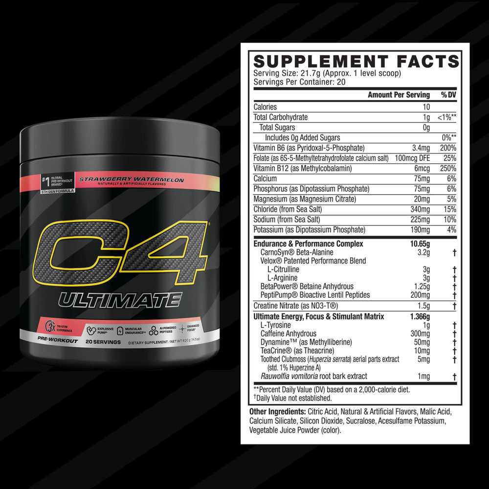 C4 Ultimate Watermelon powder close-up shows vibrant flavor and mixability