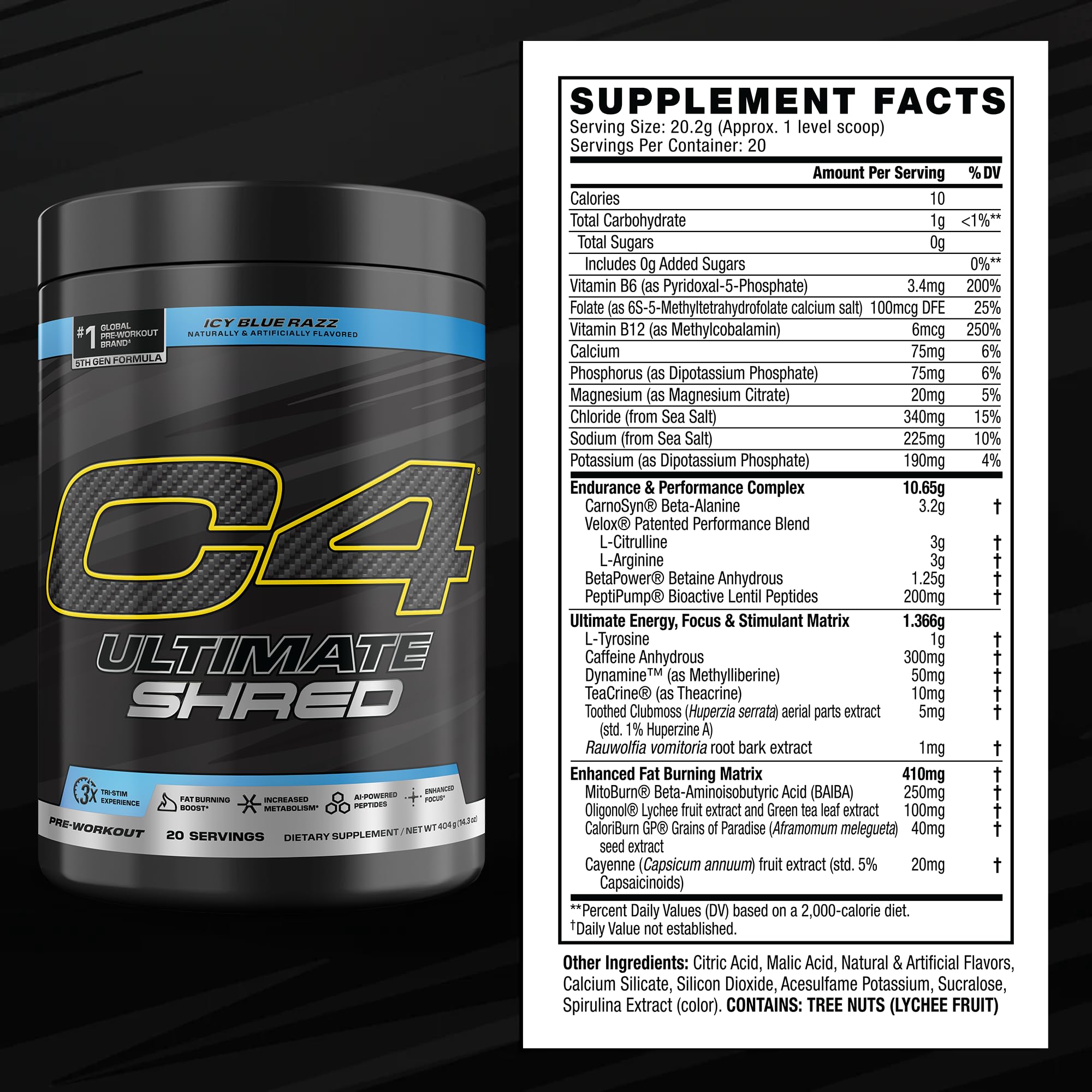 C4 Ultimate Shred bottle label closeup highlighting thermogenic blend