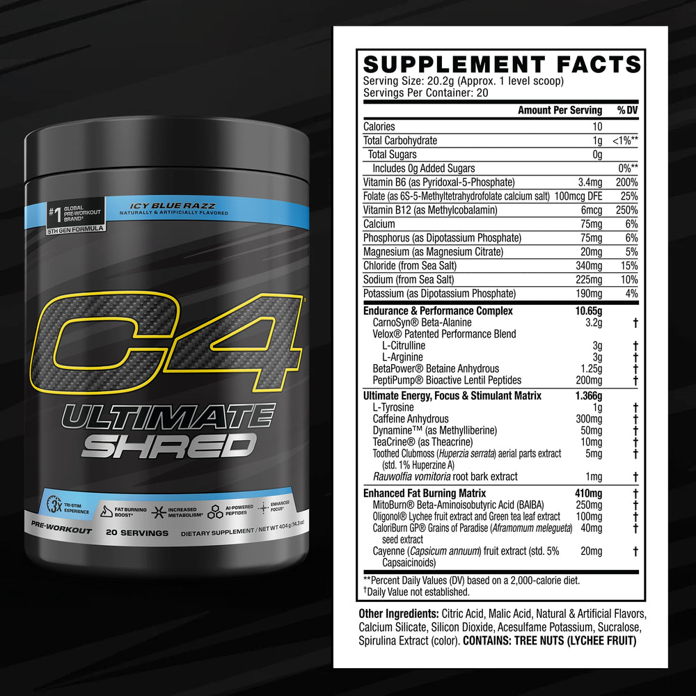 C4 Ultimate Shred bottle label closeup highlighting thermogenic blend