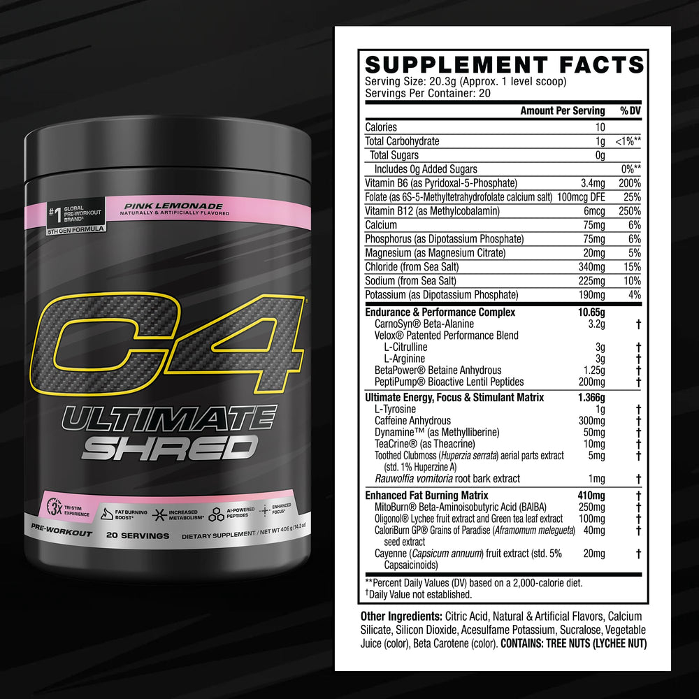 C4 Ultimate Shred cayenne fat-burn close-up emphasizes metabolism-supporting spice