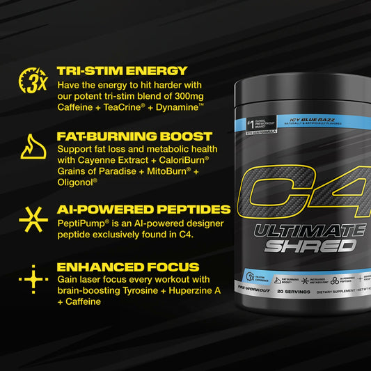 C4 Ultimate Shred Ice Blue Razz powder in glass to boost focus