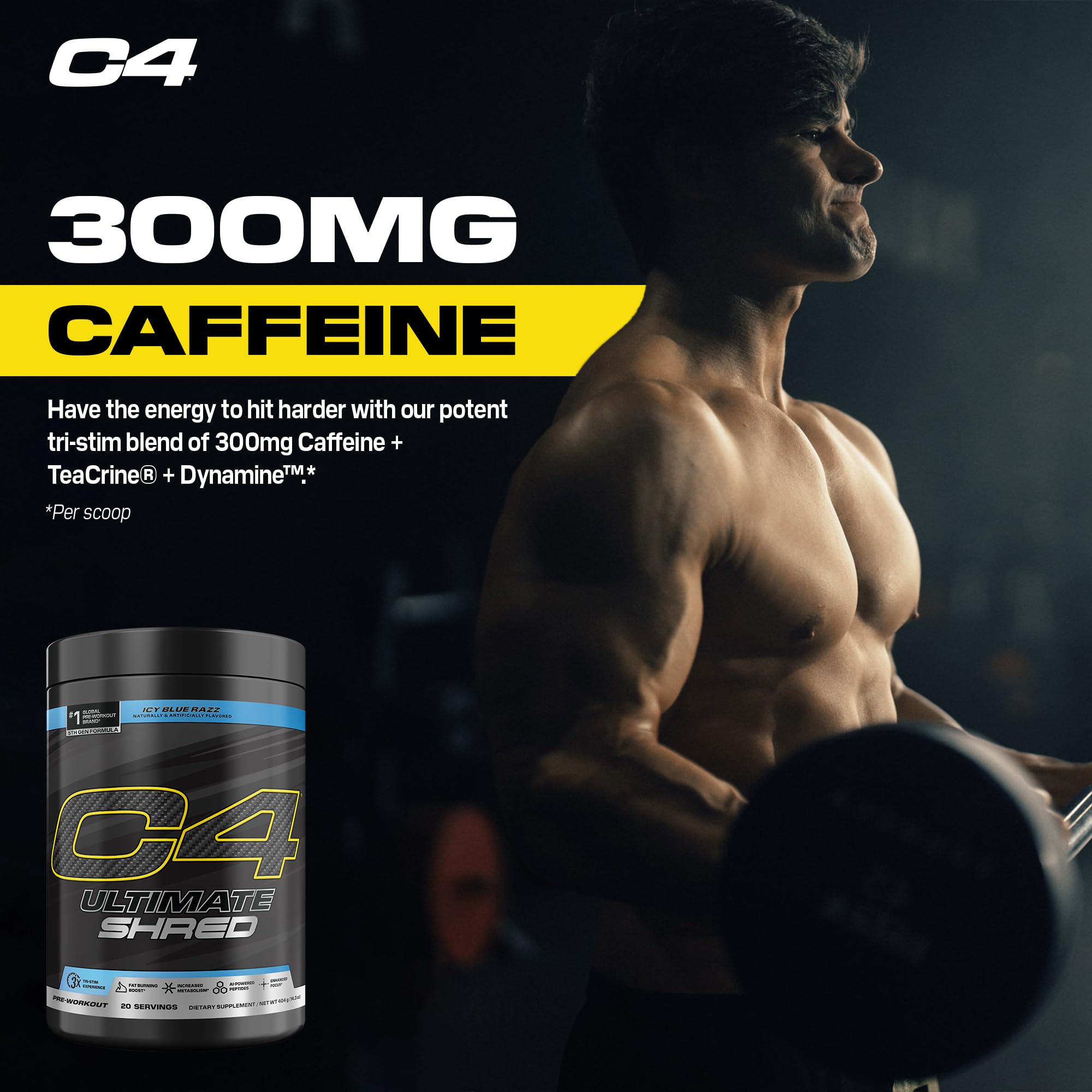 C4 Ultimate Shred ingredient blend graphic showing caffeine and nitric oxide support