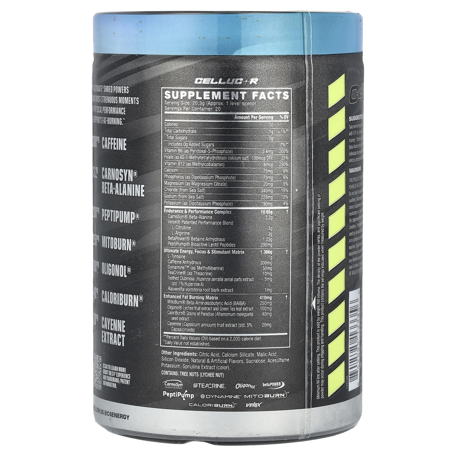 C4 Ultimate Shred powder scoop highlighting the tri-stim energy blend for workouts.