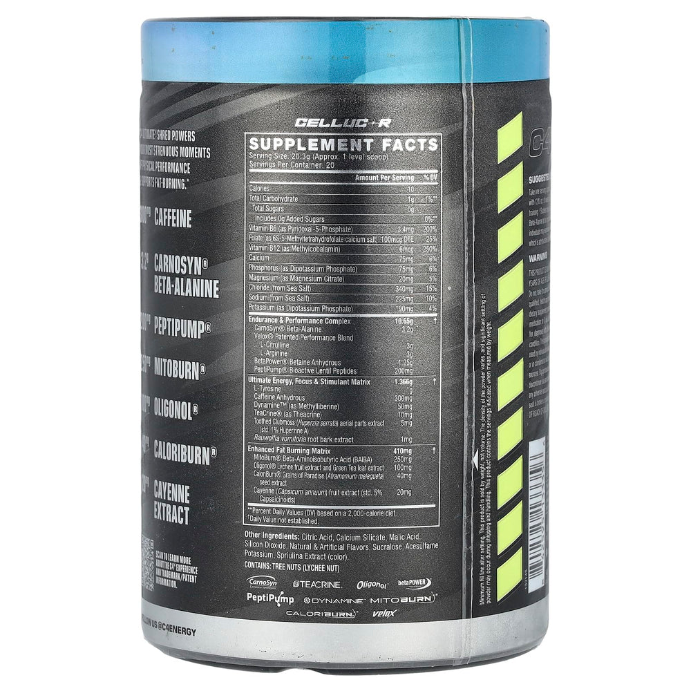 C4 Ultimate Shred powder scoop highlighting the tri-stim energy blend for workouts.
