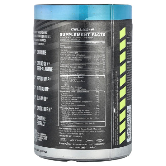 C4 Ultimate Shred powder scoop highlighting the tri-stim energy blend for workouts.