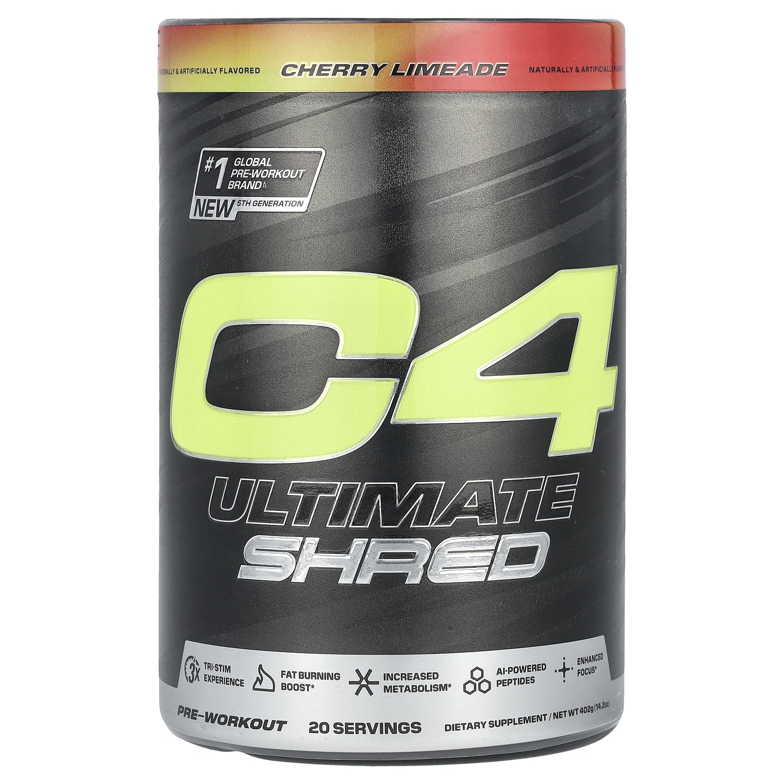 C4 Ultimate Shred tub front highlighting packaging for lean energy and focus.