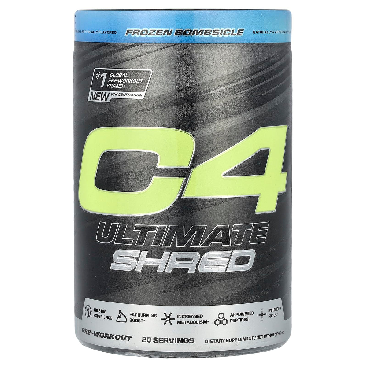C4 Ultimate Shred tub in Frozen Bombsicle flavor ready for intense training sessions.