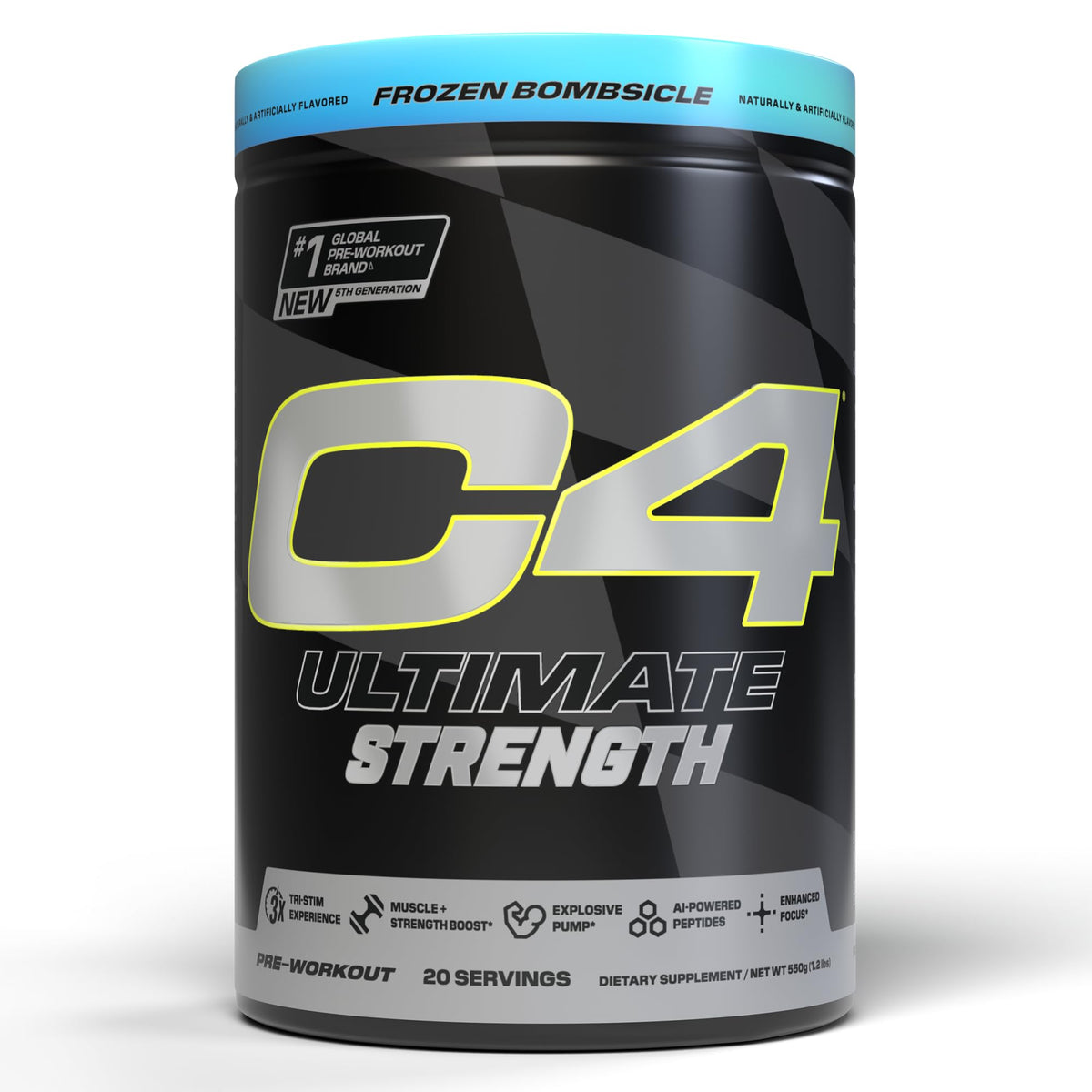 C4 Ultimate Strength pre-workout can with energy-push label for high-intensity training