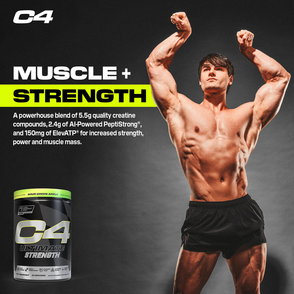 C4 Ultimate Strength ingredient graphic with TeaCrine, VELOX, and PeptiStrong.