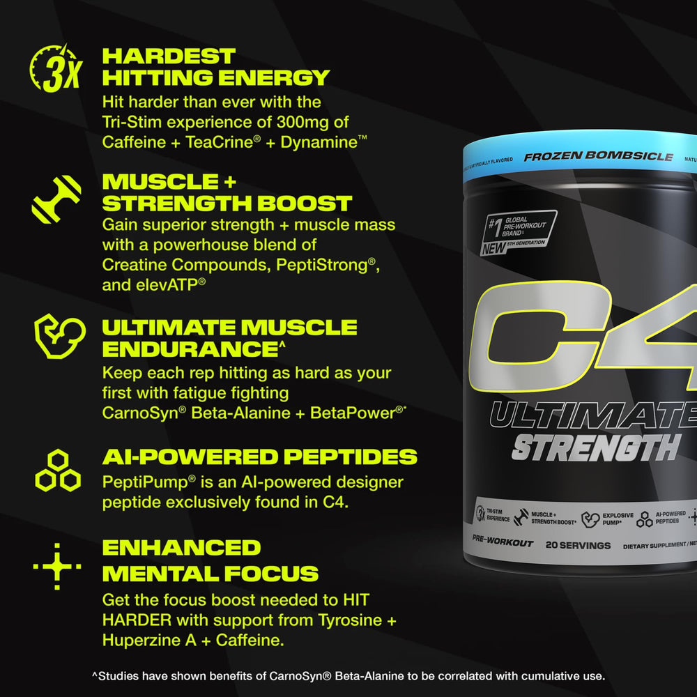 C4 label highlighting Creatine and Beta-Alanine for strength support