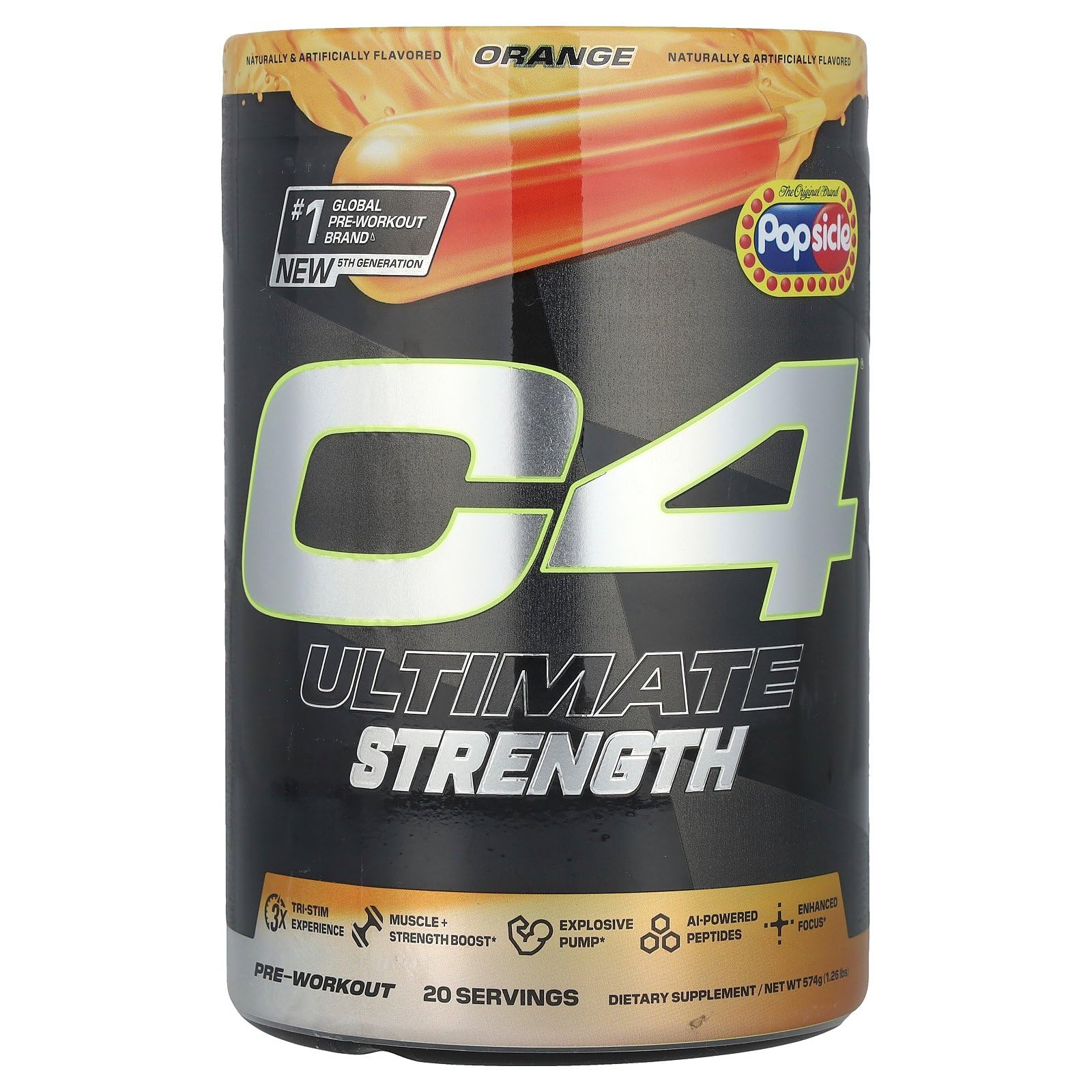 C4 Ultimate Strength Orange Popsicle tub highlighting tri-stim energy formula for workouts.