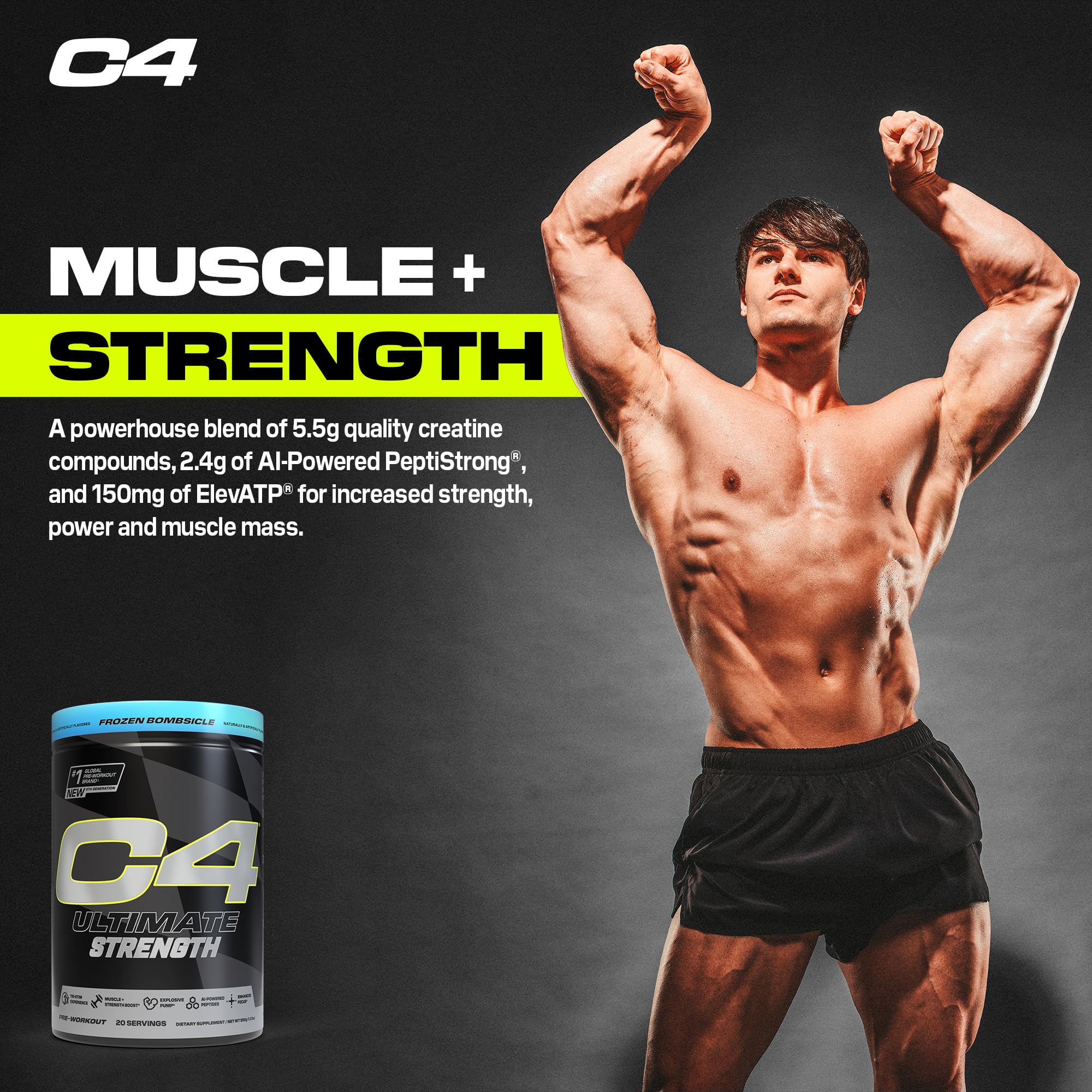 Packaging shot showing 20-serving container of C4 Ultimate Strength