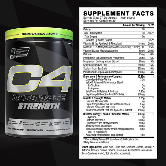C4 Ultimate Strength powder being poured into a glass during a workout.