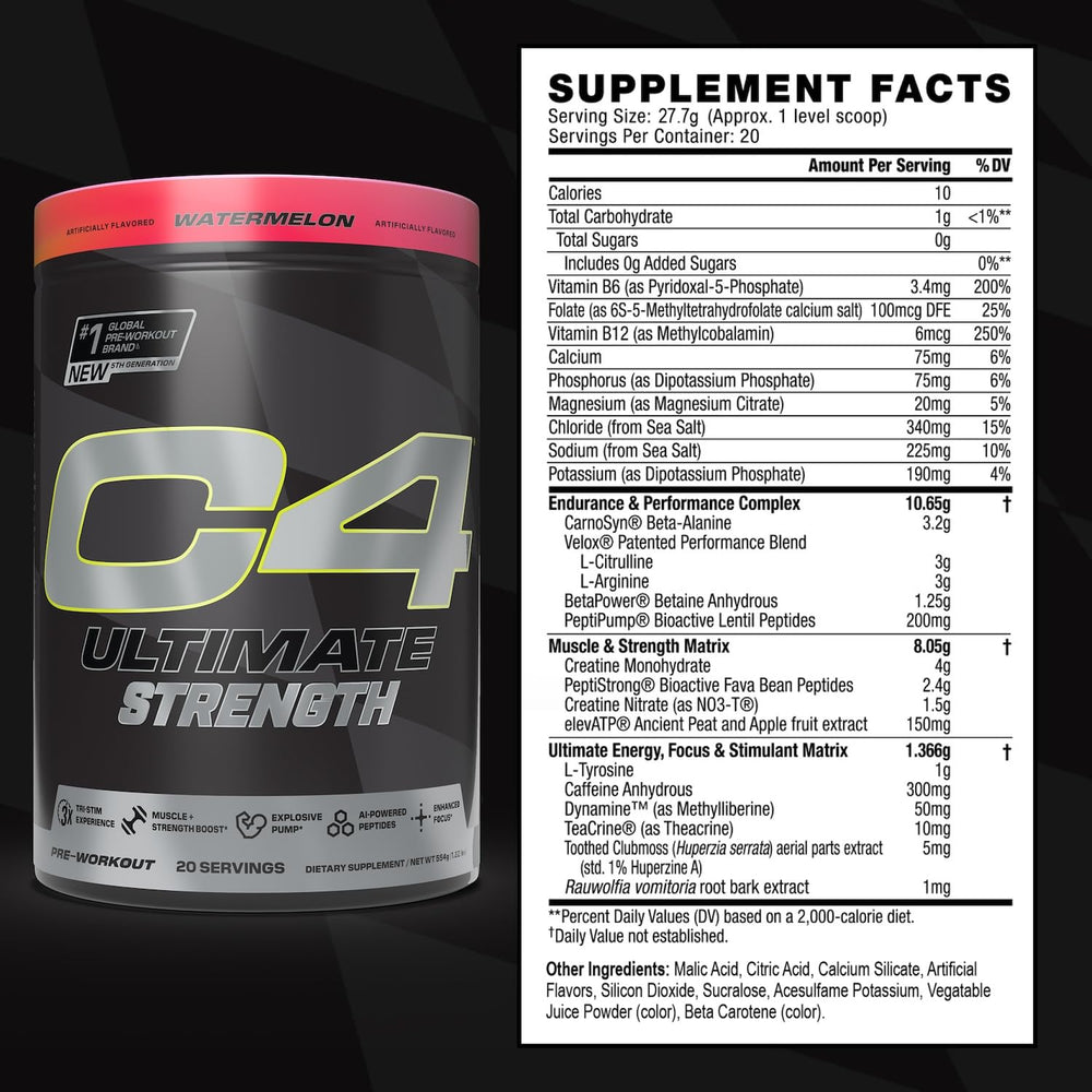 Close-up of the C4 Ultimate Strength tub showing powder texture and quality