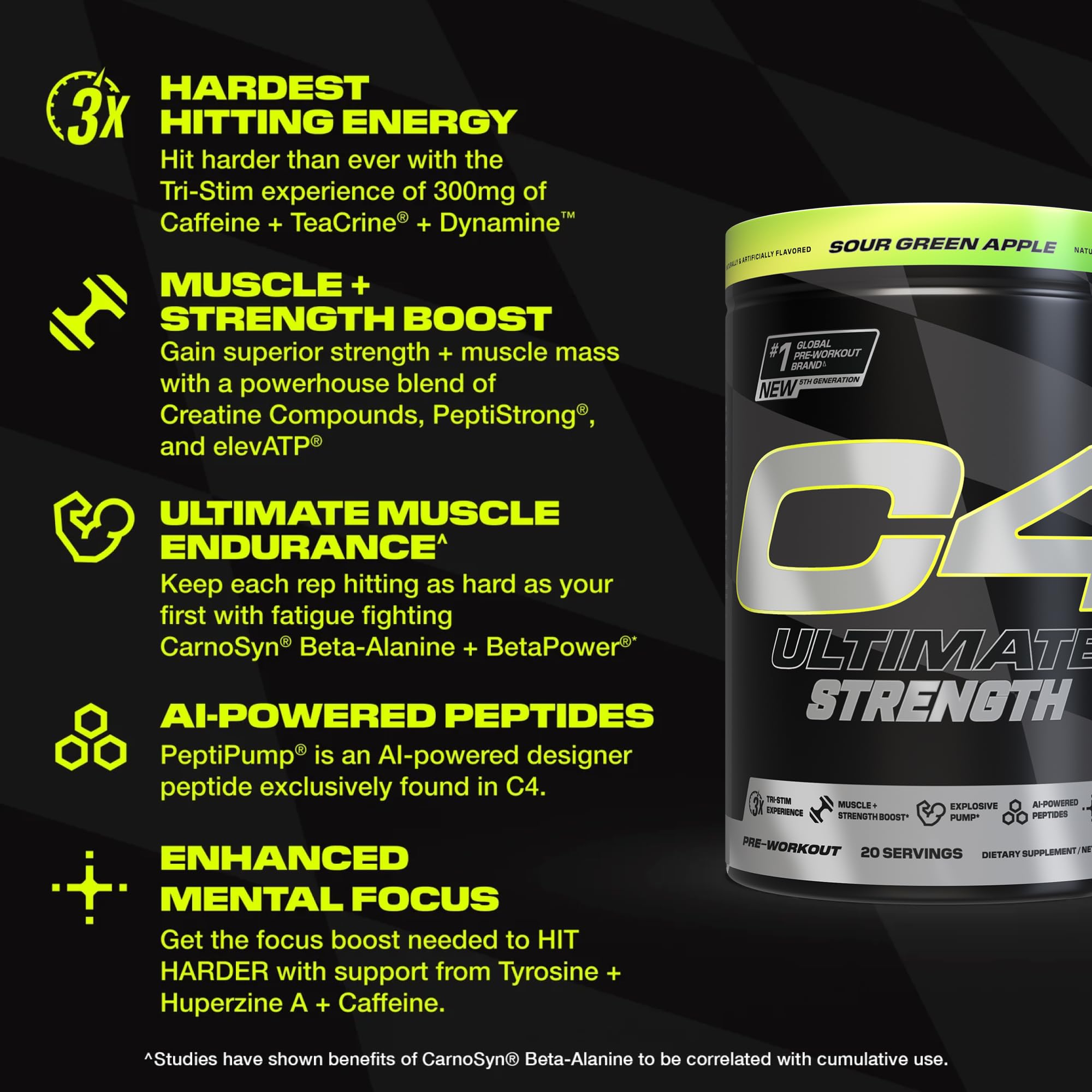 C4 Ultimate Strength tub label visible, showing Creatine and Beta-Alanine blend.