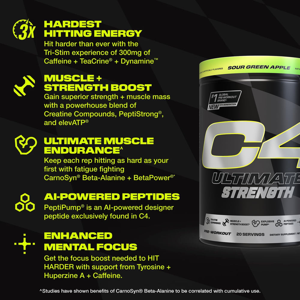 C4 Ultimate Strength tub label visible, showing Creatine and Beta-Alanine blend.