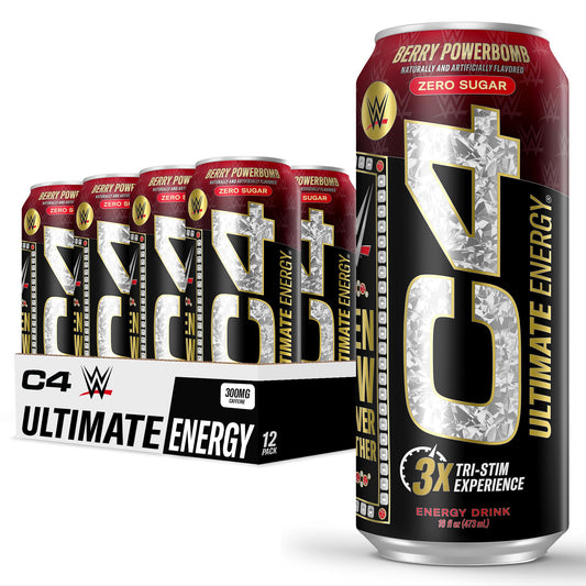 C4 Ultimate WWE Berry Powerbomb can front view, highlighting sugar-free energy