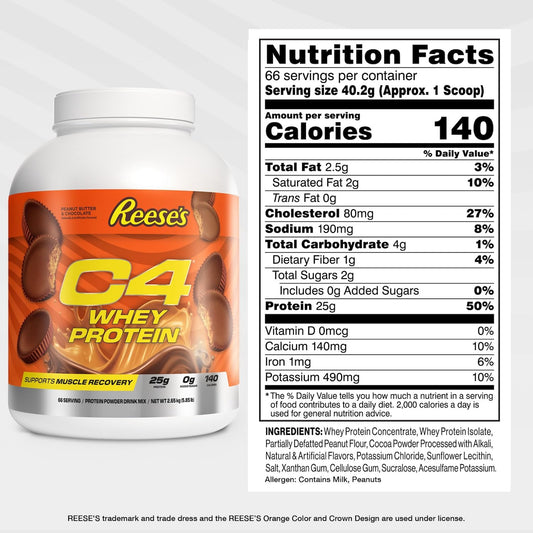 C4 Whey Protein Hershey's Milk Chocolate tub delivers flavorful protein for lean muscle support