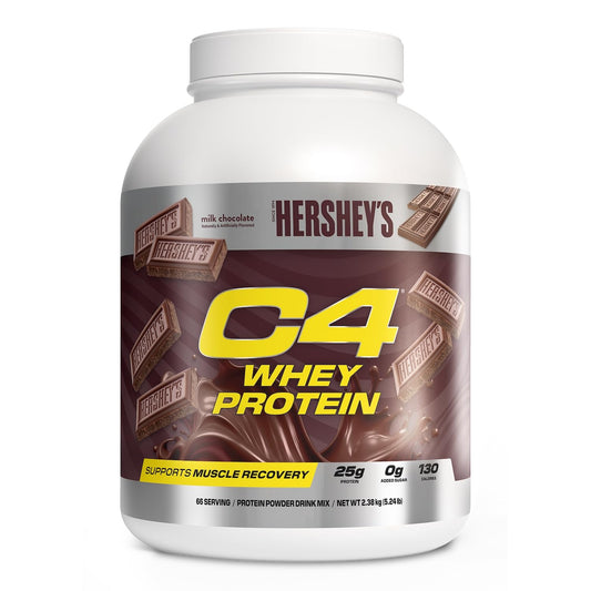 C4 Whey Protein Hershey's Milk Chocolate tub offers a rich flavor and protein boost.