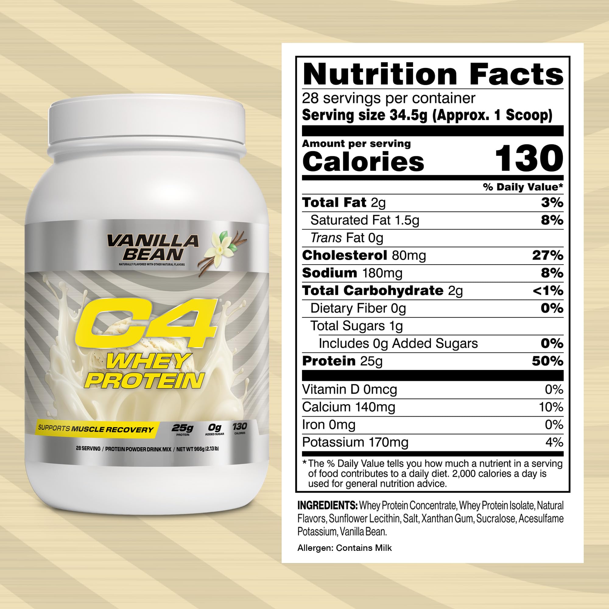 C4 Whey Protein Vanilla Bean label-closeup displays flavor and serving details.