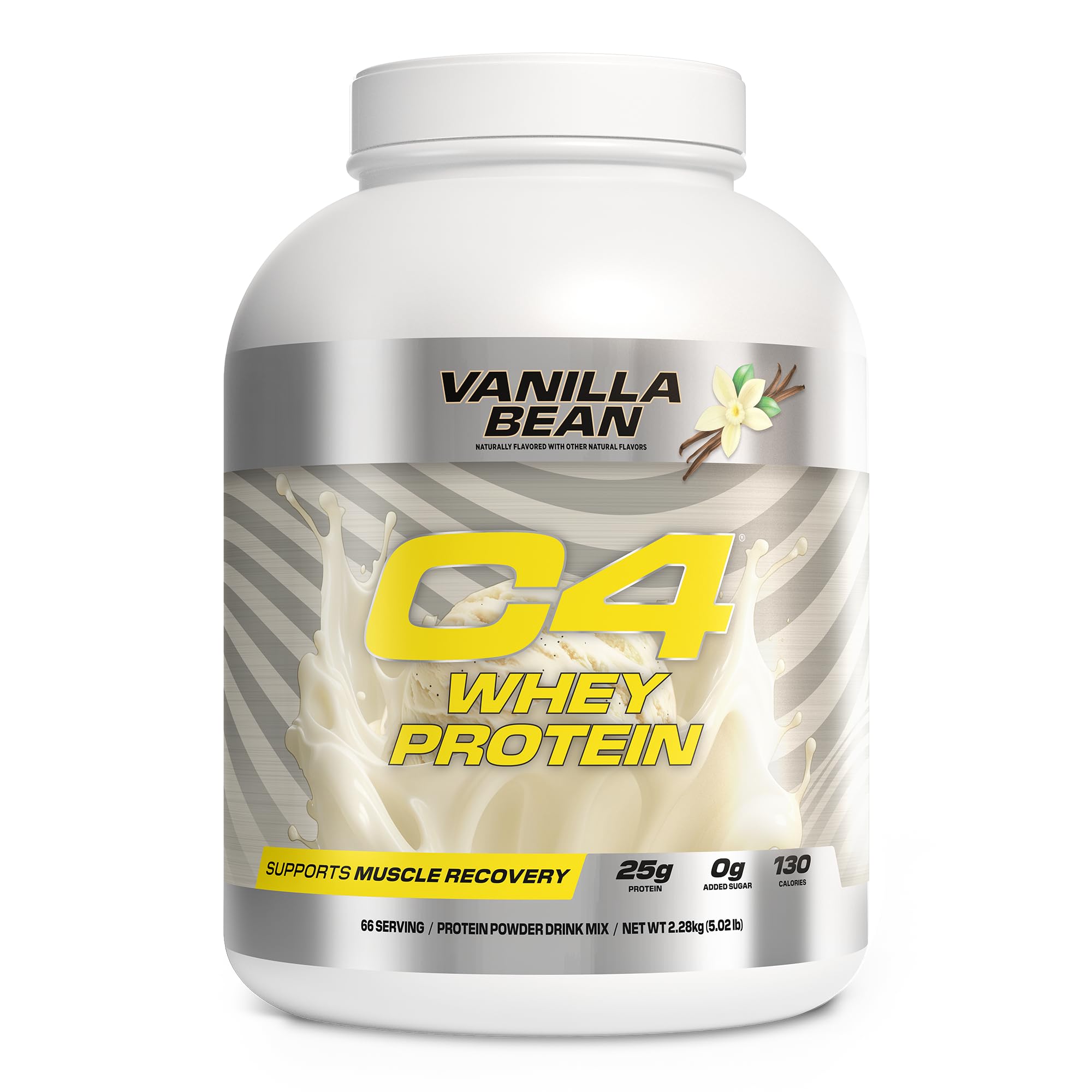 C4 Whey Protein Vanilla Bean shake in a glass after a workout.