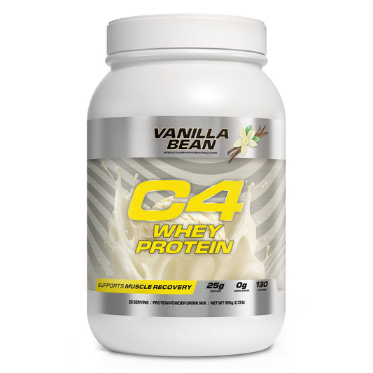 C4 Whey Protein Vanilla Bean tub shows premium protein for muscle support after workouts.