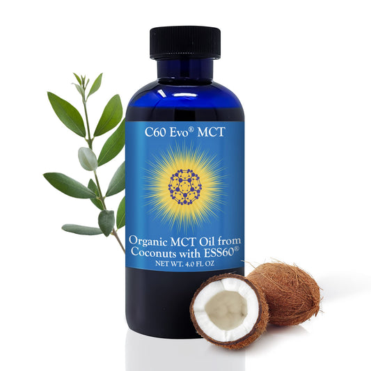 C60 Evo MCT oil bottle front view for daily energy and antioxidant support