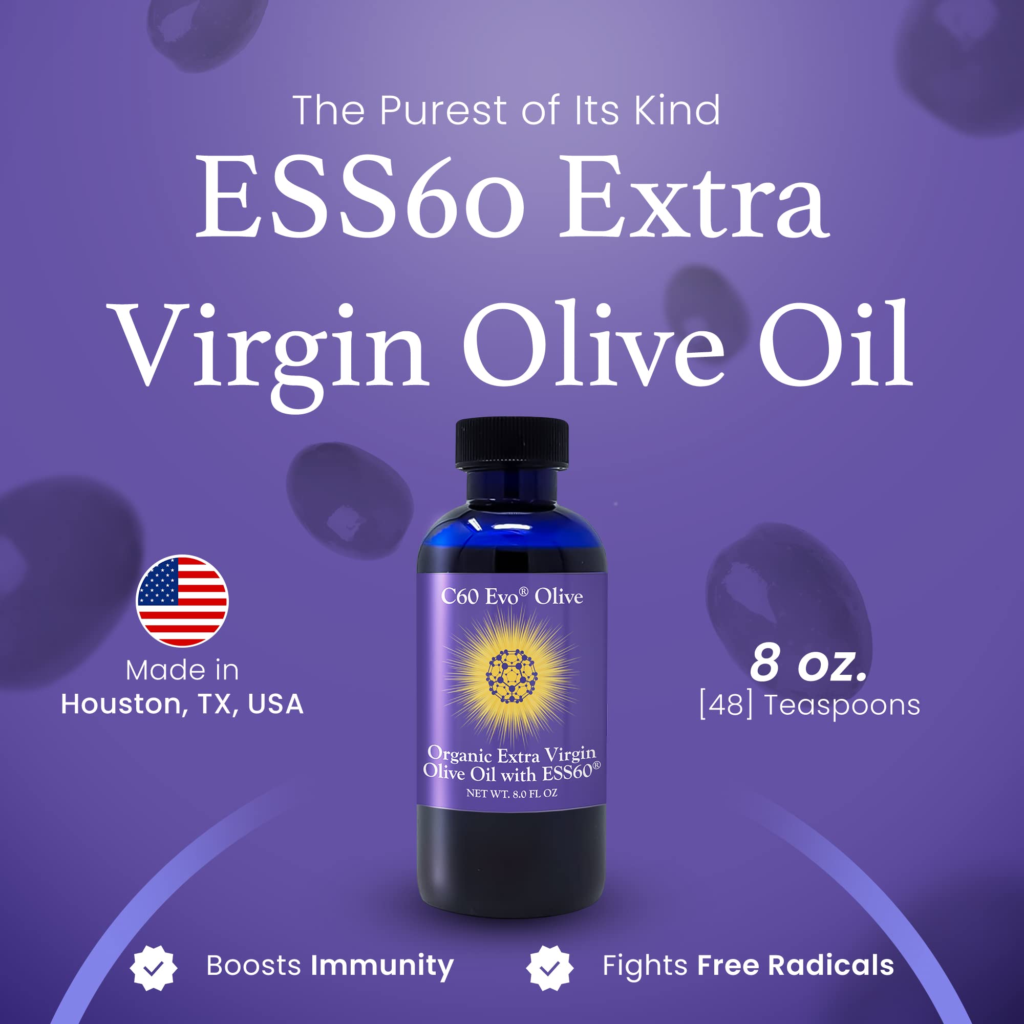 C60 Evo olive oil label close-up highlighting ESS60 formulation for wellness.