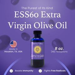 C60 Evo olive oil label close-up highlighting ESS60 formulation for wellness.