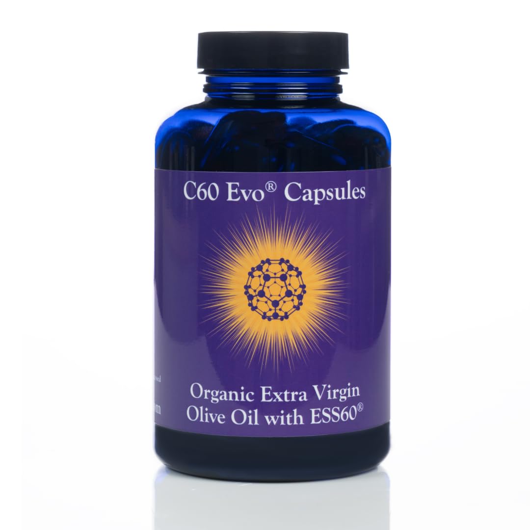 C60 Evo Pure ESS60 bottle close-up with olive oil capsules for daily antioxidant support.