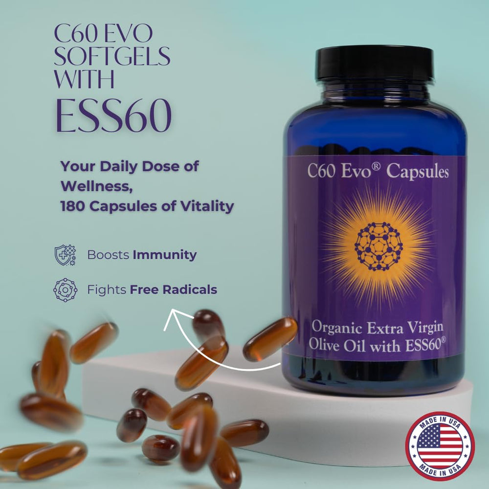 C60 Evo Pure ESS60 capsules close-up highlighting softgels for immune support.