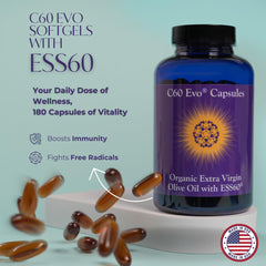 C60 Evo Pure ESS60 capsules close-up highlighting softgels for immune support.