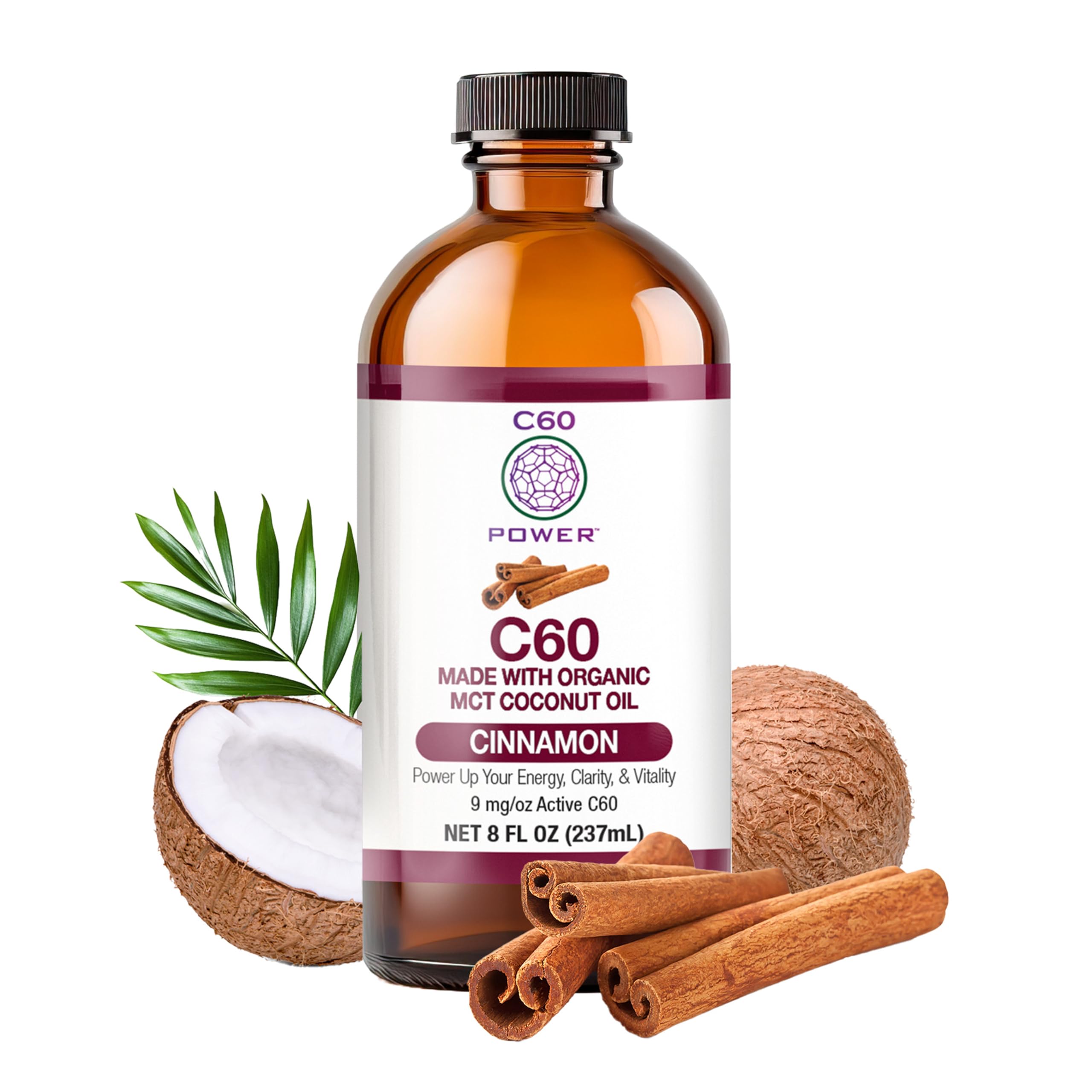C60 Power Cinnamon bottle front with premium packaging and antioxidant support.