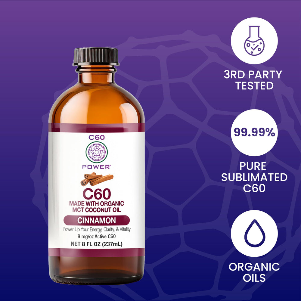 C60 Power Cinnamon label close-up highlighting purity and third-party certification.