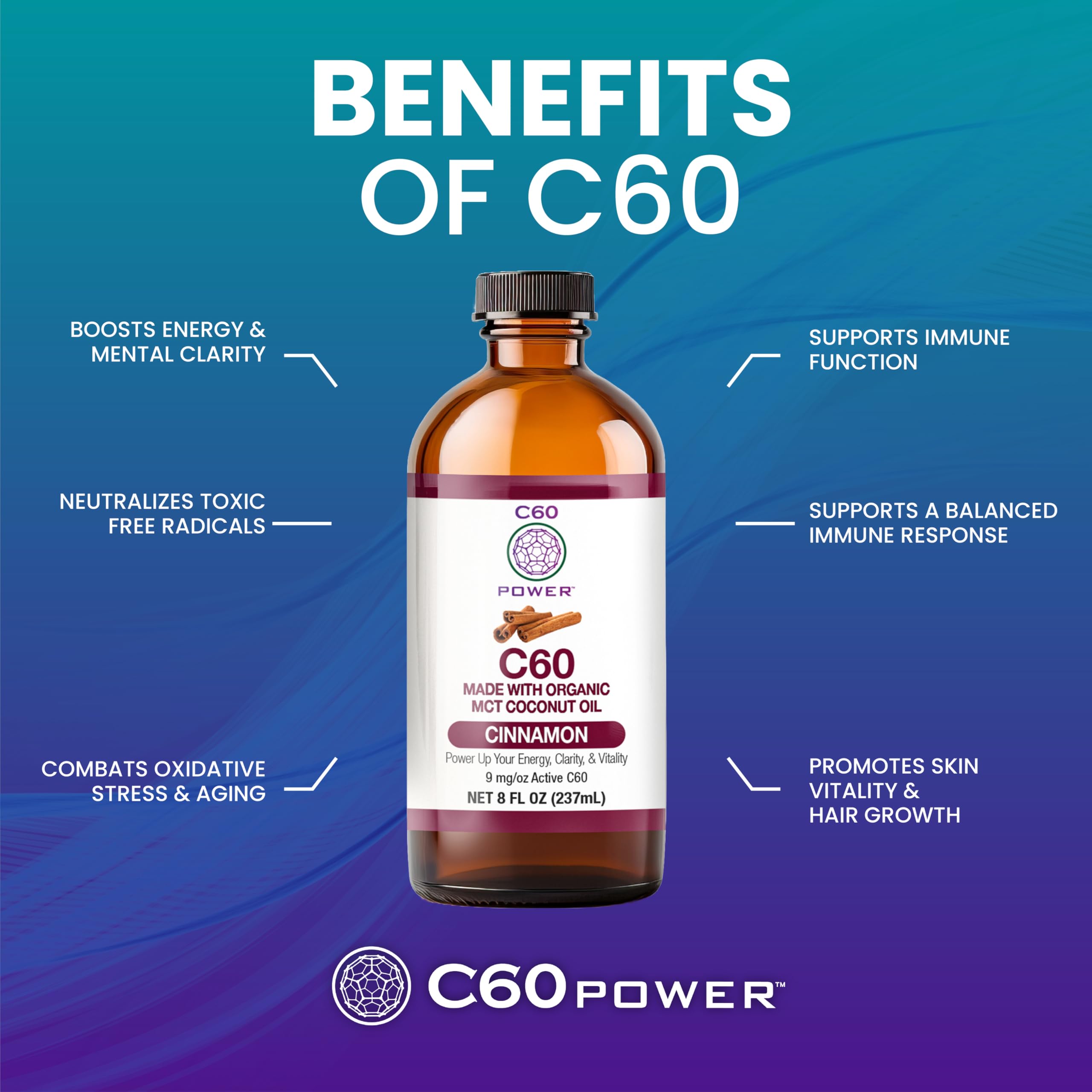 C60 Power Cinnamon MCT oil being poured for quick energy.