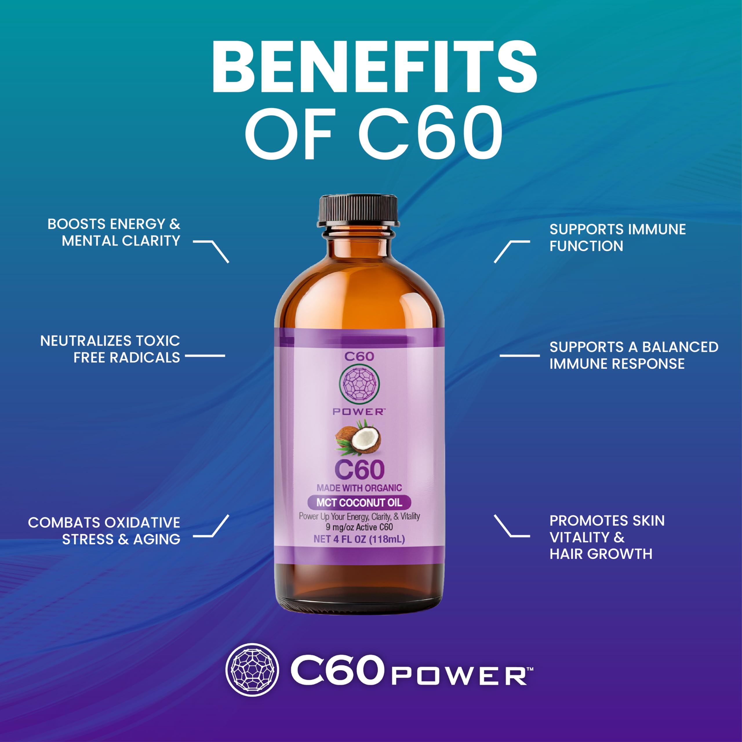 Close-up of 99.99% pure C60 highlighting purity and potential antioxidant support