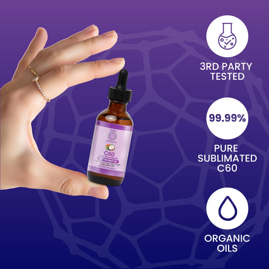 C60 Purple Power label close-up highlighting purity and organic MCT base for clean energy.