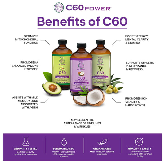 C60 Purple Power bottle label showing organic ingredients and purity.