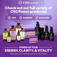 C60 Purple Power organic MCT oil bottle shows quick absorption for daily energy.