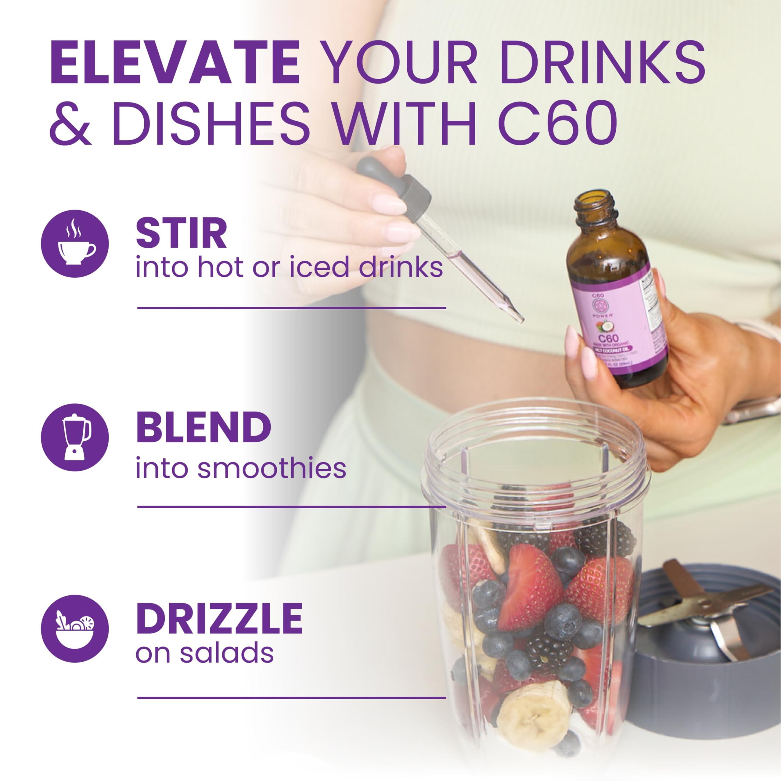 C60 Purple Power bottle beside glass of water for easy daily use.