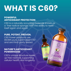 C60 Purple Power label close-up shows 99.99% C60 content.