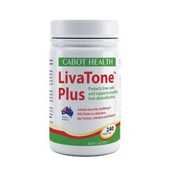 Close-up of Cabot LivaTone Plus capsules with turmeric for liver support.