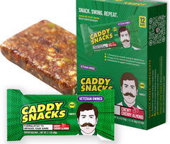 Caddy Snacks Chewy Cherry Almond bar front view highlighting portable on the go energy