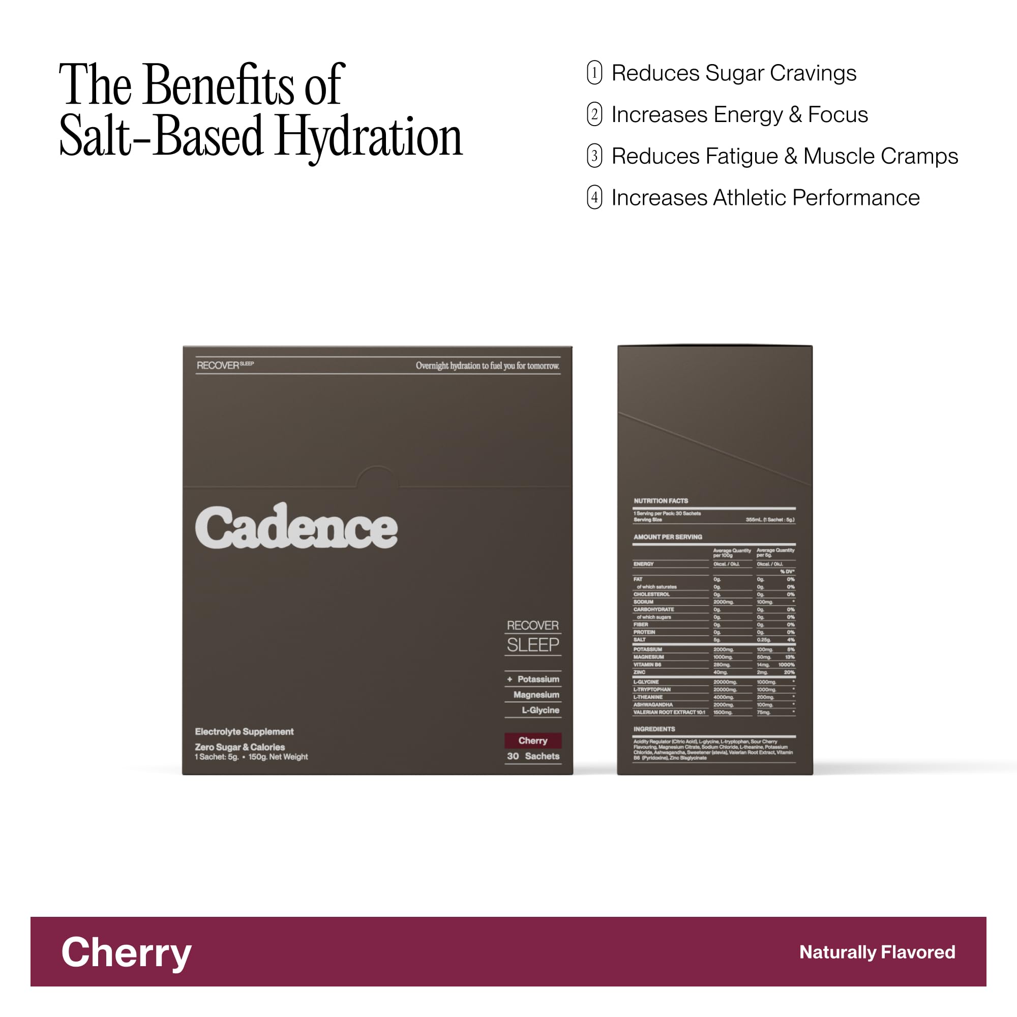 Cadence Recover Sleep Cherry ingredient list highlights natural, caffeine-free sleep support