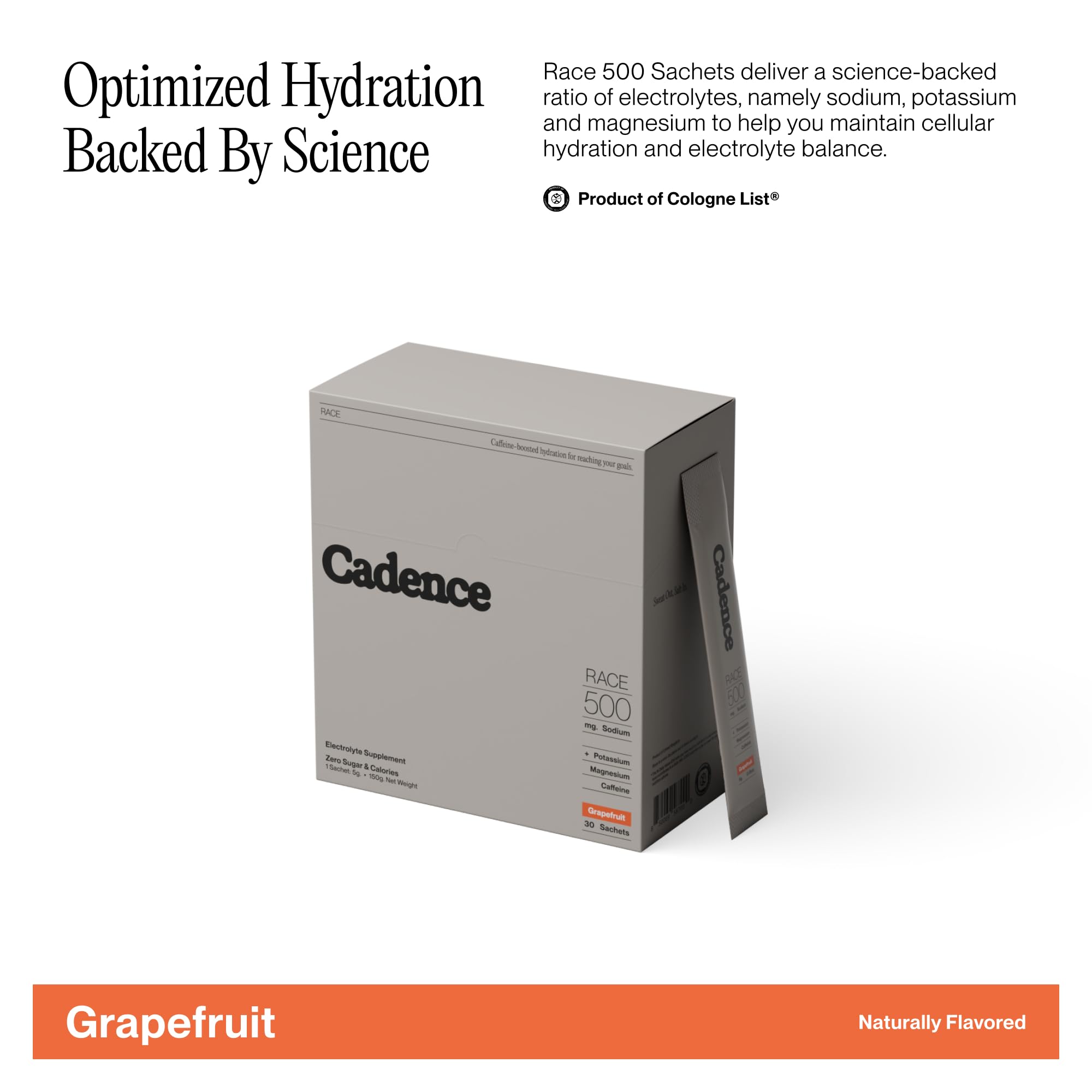 Cadence Race Energy Grapefruit sachets close-up with clean electrolyte blend