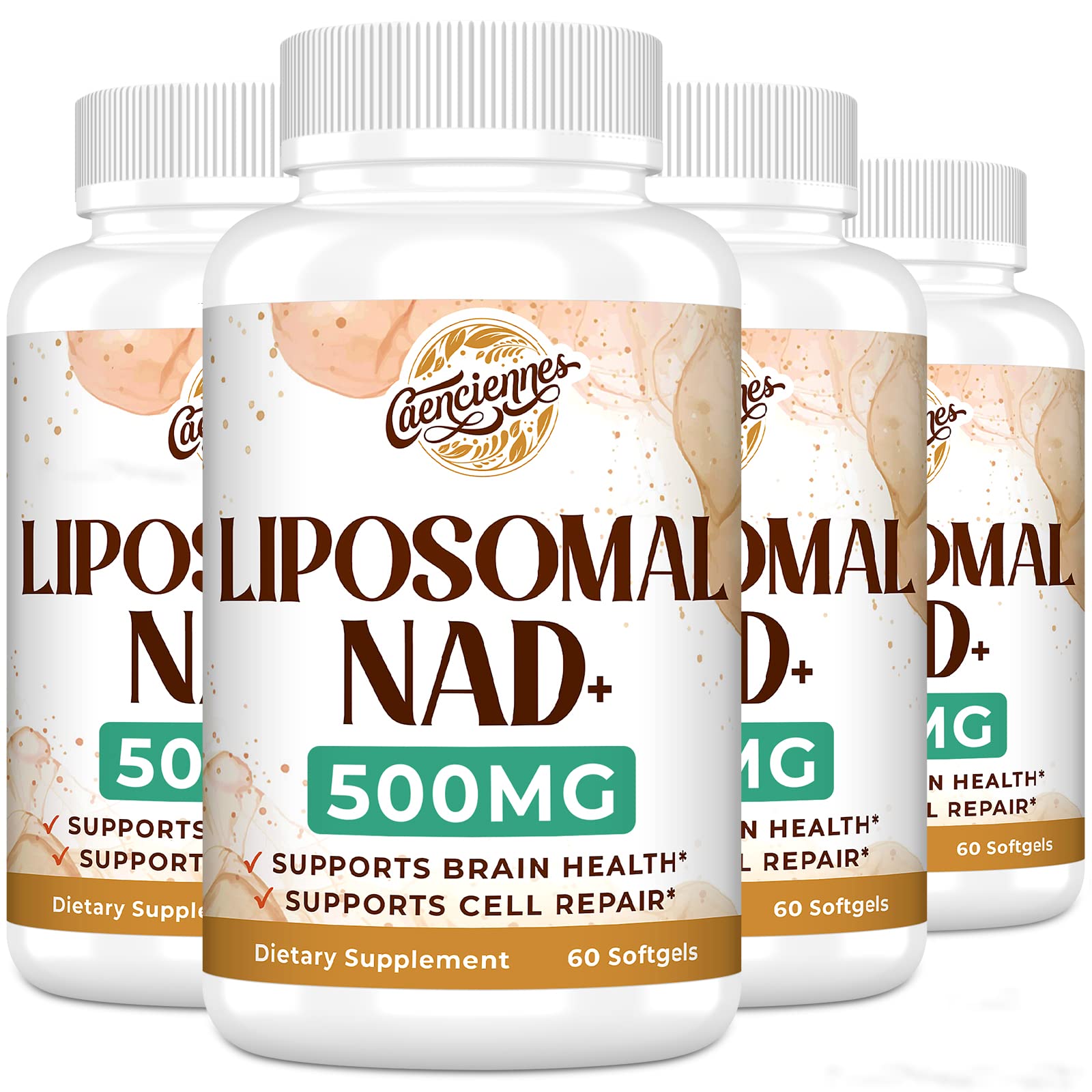 Caenciennes Liposomal NAD+ 500mg bottle highlighting energy support benefits.