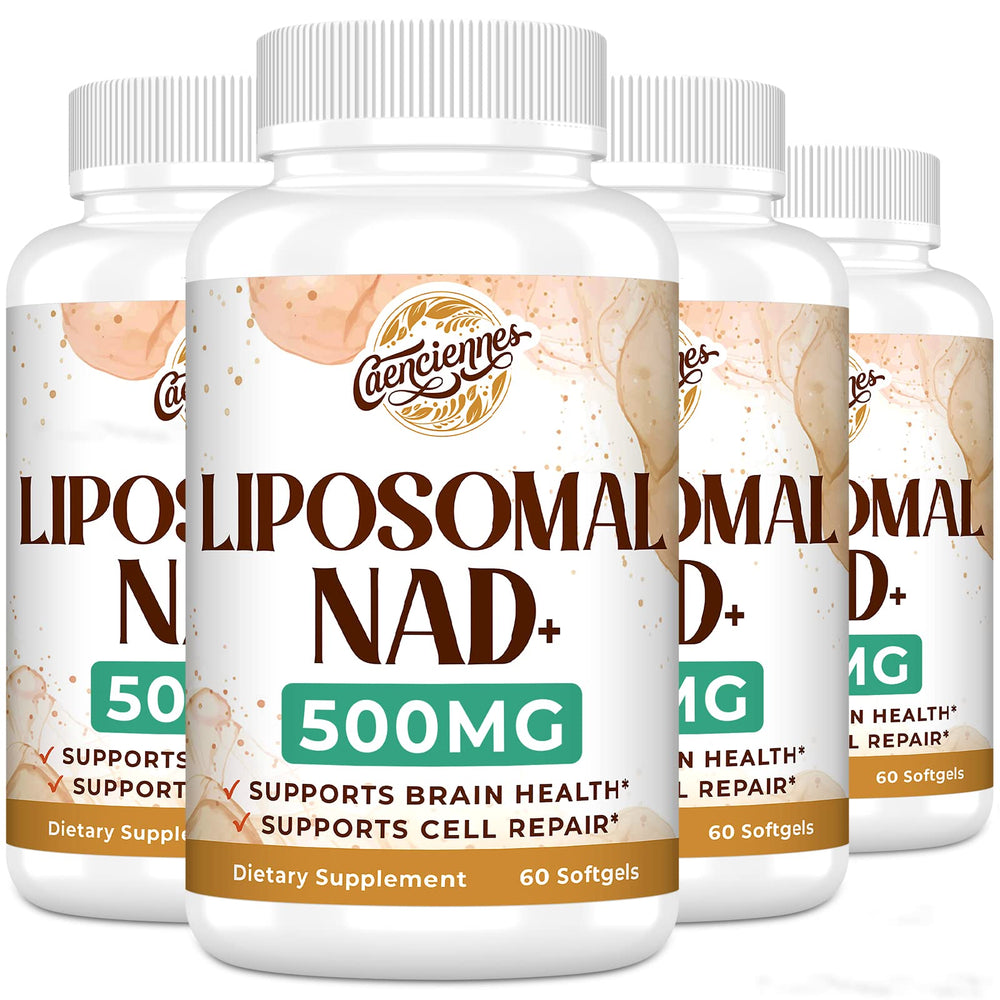 Caenciennes Liposomal NAD+ 500mg bottle highlighting energy support benefits.