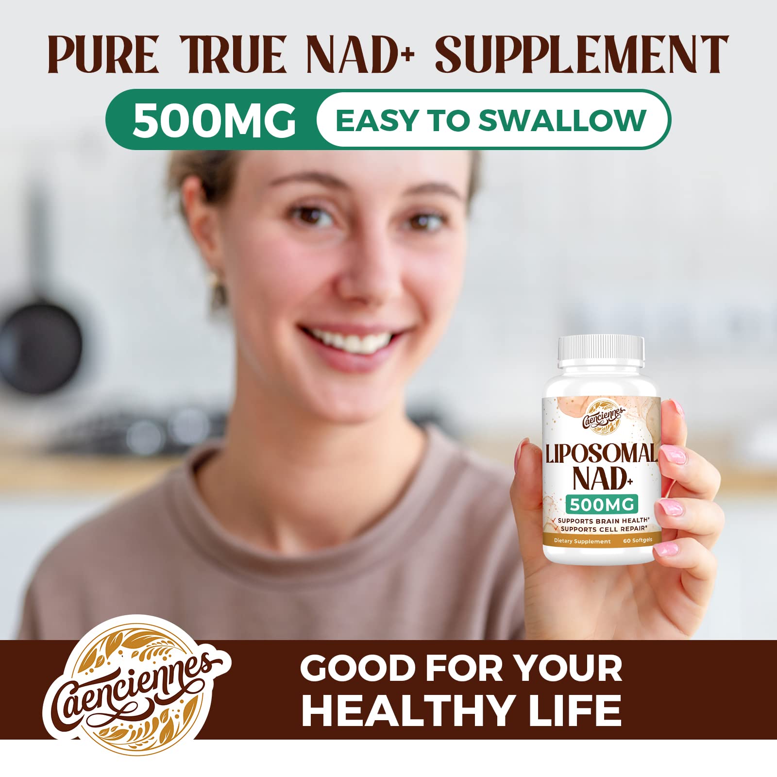 Caenciennes Liposomal NAD+ capsules on a table ready to take.