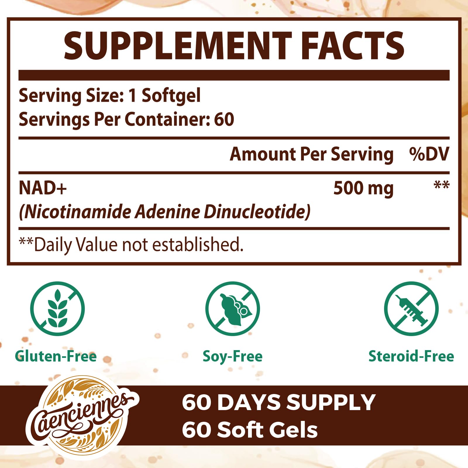Caenciennes Liposomal NAD+ soft gels close-up showing easy-to-swallow capsules.
